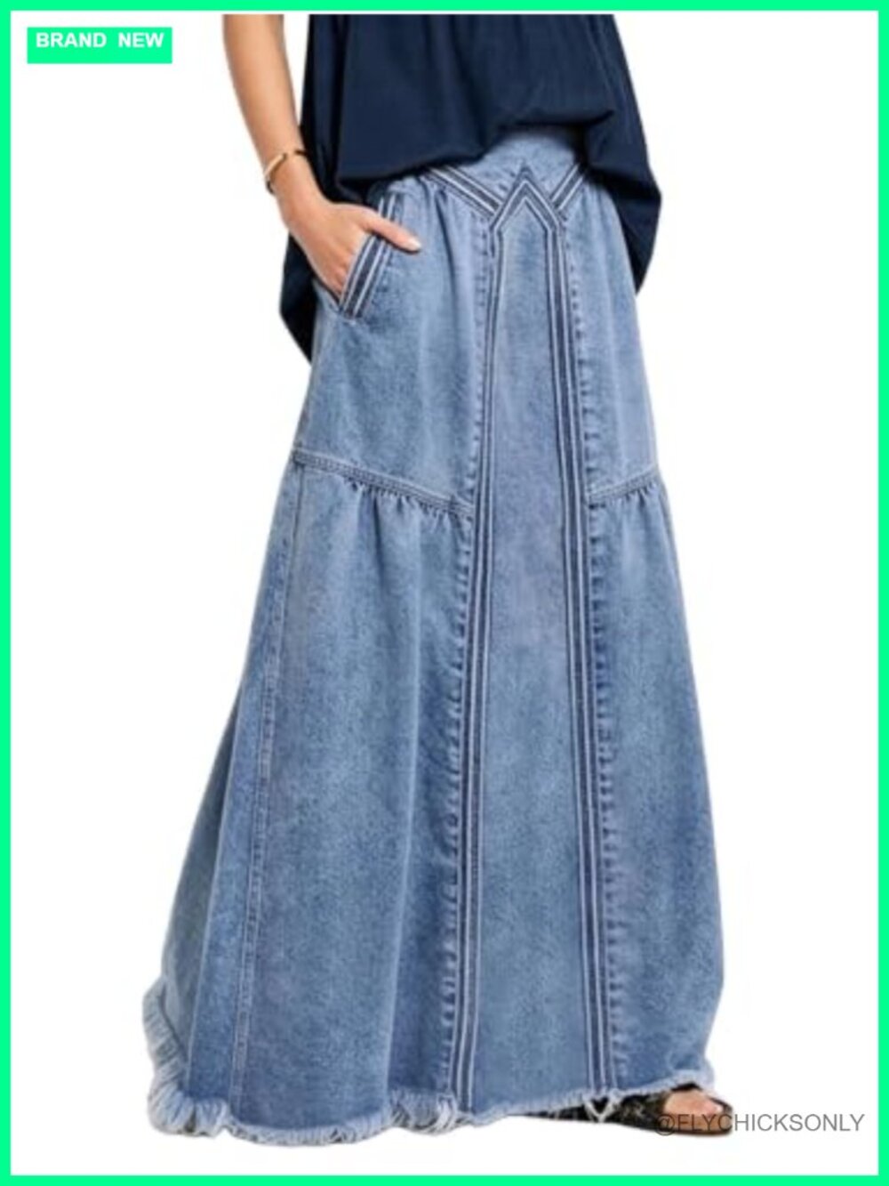 Women's High Waist A-Line Frayed Maxi Denim Skirt with Pockets